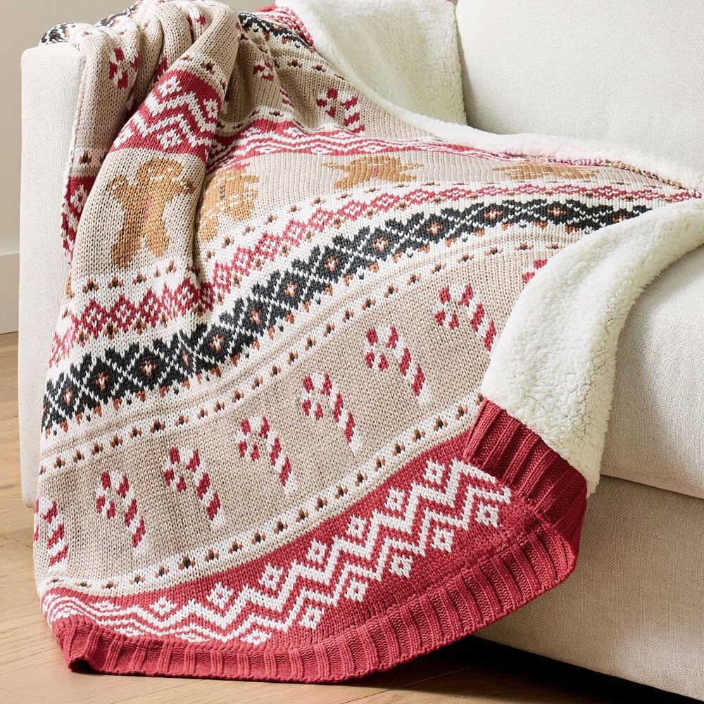 Pottery Barn Spice Fair Isle Knit Jacquard Throw Gingerbread Man Blanket NEW